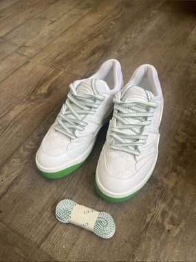 White Sneakers with Mint Green Soles and Accents